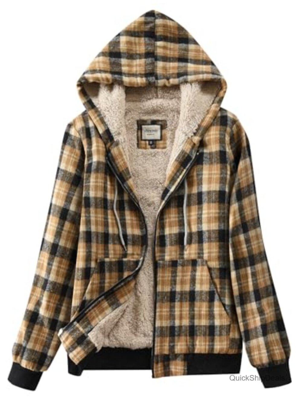 Fleece Sherpa Lined Plaid Zip Up Hooded Jacket Casual Warm